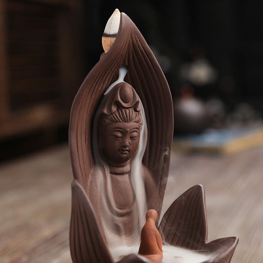 KTX-923987 Lotus Guanyin Backflow Incense Burner - Purple Sand Aromatherapy Home Decoration Craft