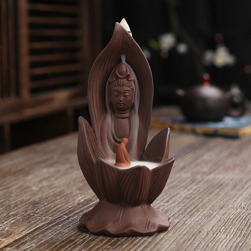 KTX-923987 Lotus Guanyin Backflow Incense Burner - Purple Sand Aromatherapy Home Decoration Craft