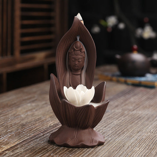 KTX-923987 Lotus Guanyin Backflow Incense Burner - Purple Sand Aromatherapy Home Decoration Craft