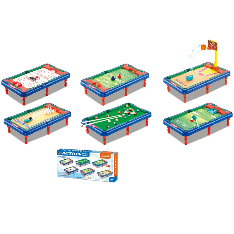 KTX-924307 Mini 6-in-1 Interactive Tabletop Game Set for Pool, Hockey, Basketball, and Golf, Ages 3+
