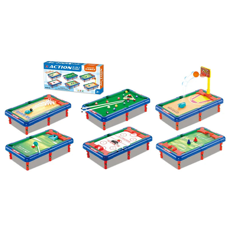 KTX-924307 Mini 6-in-1 Interactive Tabletop Game Set for Pool, Hockey, Basketball, and Golf, Ages 3+