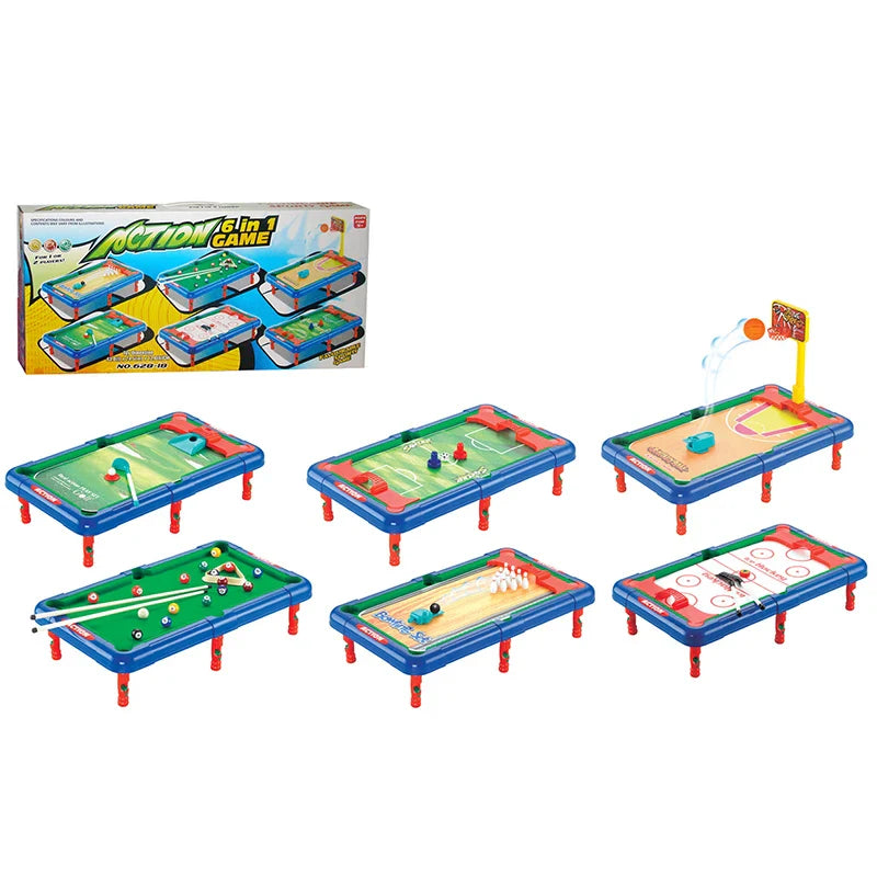 KTX-924307 Mini 6-in-1 Interactive Tabletop Game Set for Pool, Hockey, Basketball, and Golf, Ages 3+