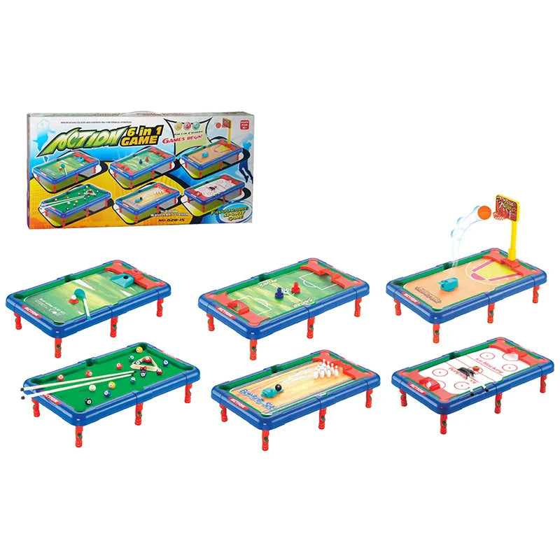 KTX-924307 Mini 6-in-1 Interactive Tabletop Game Set for Pool, Hockey, Basketball, and Golf, Ages 3+