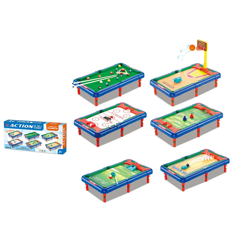 KTX-924307 Mini 6-in-1 Interactive Tabletop Game Set for Pool, Hockey, Basketball, and Golf, Ages 3+