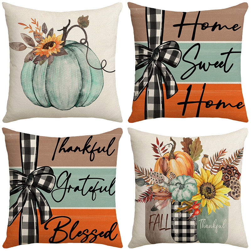 KTX-924883 Fall Pumpkin Home Sweet Home Throw Pillow Cover - 18x18 Inch Autumn Floral Accent for Sofa and Couch Decor