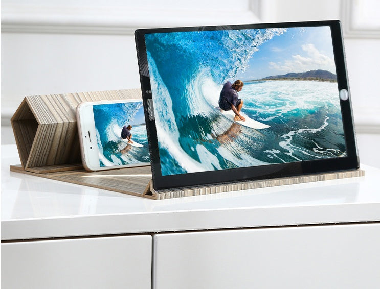 KTX-927571 12-Inch Wood Grain 3D Mobile Phone Amplifier with Magnifying Lens and Stand for Eye Protection