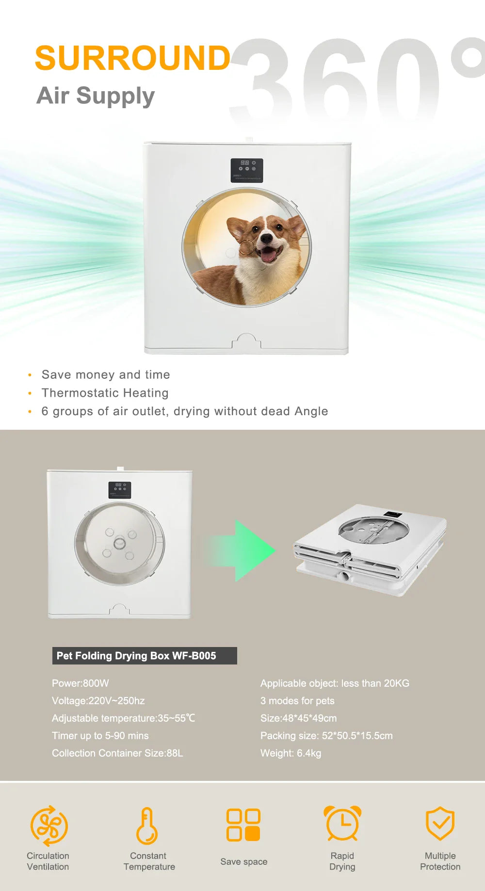 KTX-927763 Foldable 360 Airflow Pet Dryer Box for Cats and Dogs, Eco-Friendly Grooming Solution