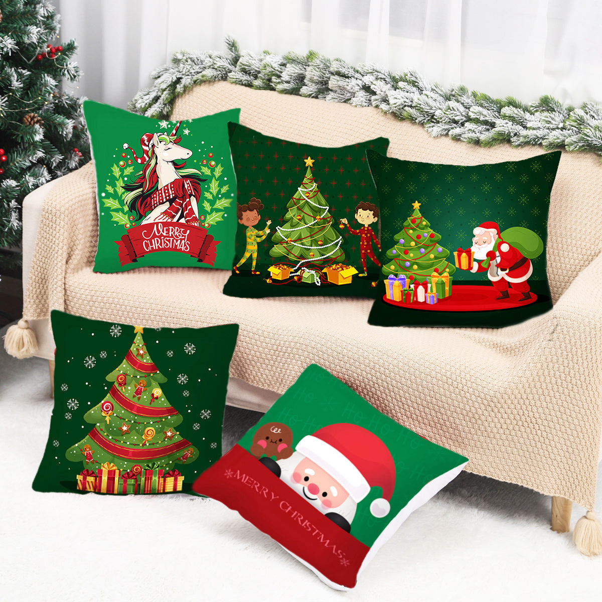 KTX-928467 Christmas-Themed Linen Pillowcase for Sofa Decoration - Red & Green, 45x45cm