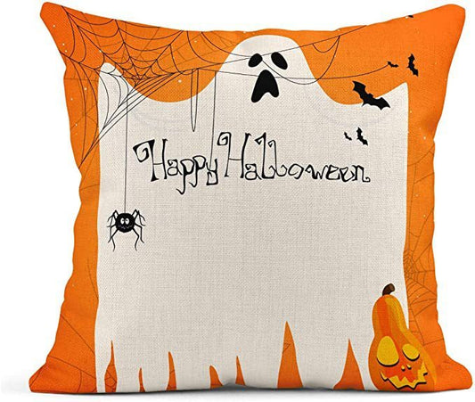 KTX-929491 Halloween Orange Ghost Cotton and Linen Pillowcase - 45x45cm Nordic Style Cover for Home and Outdoor Decor