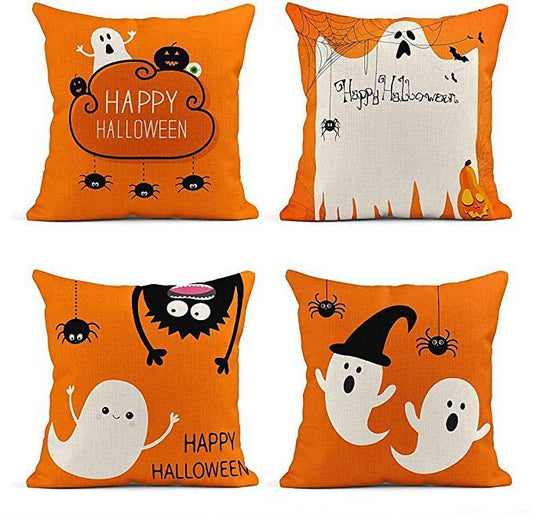 KTX-929491 Halloween Orange Ghost Cotton and Linen Pillowcase - 45x45cm Nordic Style Cover for Home and Outdoor Decor