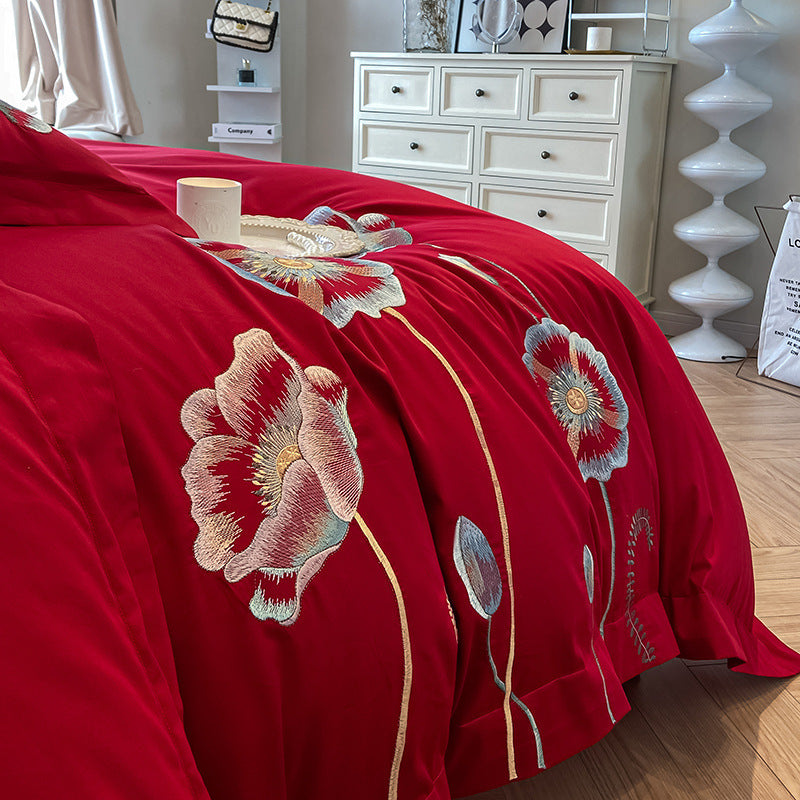 KTX-929811 Pure Cotton Four-Piece Bed Sheet Duvet Cover Set with Embroidery and Geometric Patterns