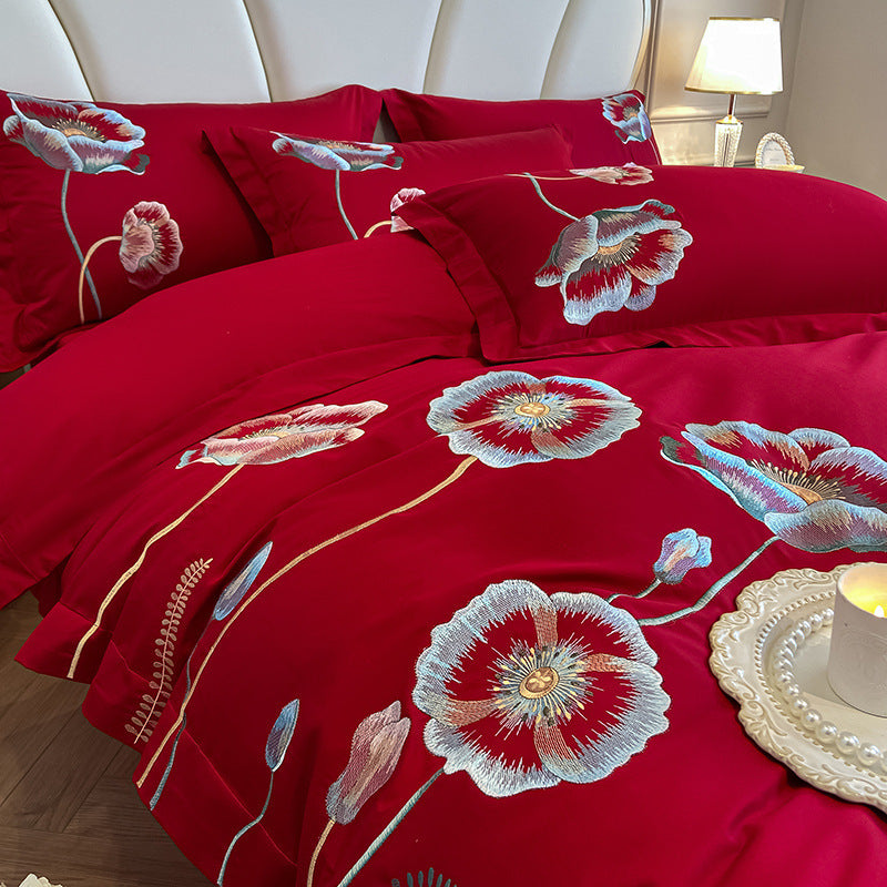 KTX-929811 Pure Cotton Four-Piece Bed Sheet Duvet Cover Set with Embroidery and Geometric Patterns