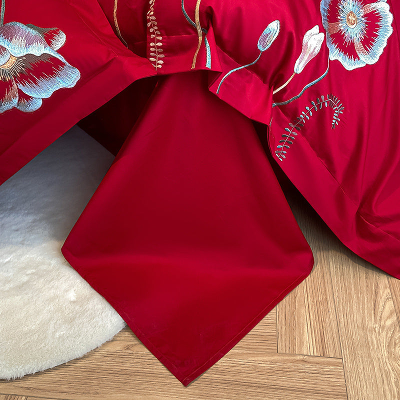 KTX-929811 Pure Cotton Four-Piece Bed Sheet Duvet Cover Set with Embroidery and Geometric Patterns