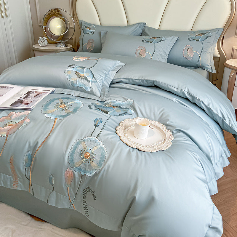 KTX-929811 Pure Cotton Four-Piece Bed Sheet Duvet Cover Set with Embroidery and Geometric Patterns