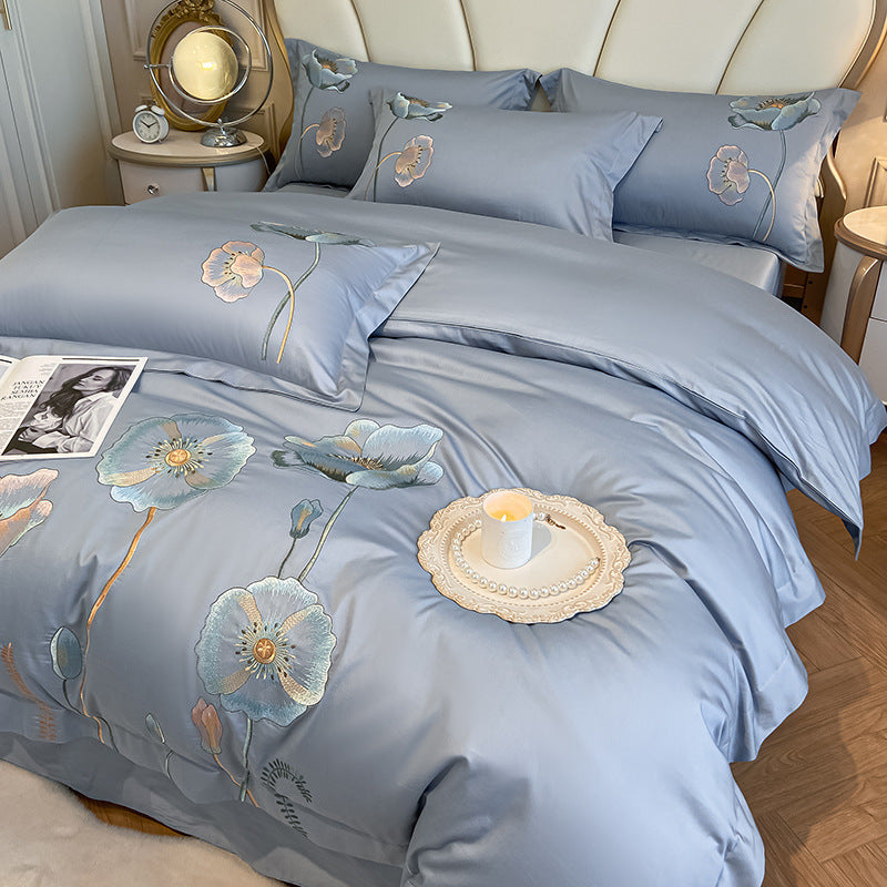 KTX-929811 Pure Cotton Four-Piece Bed Sheet Duvet Cover Set with Embroidery and Geometric Patterns