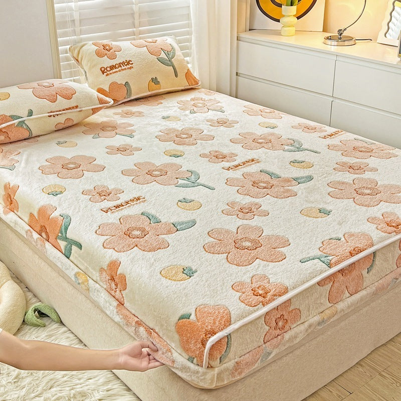 KTX-930963 Double-Sided Cartoon Snowflake Velvet Fitted Sheet with Cute Animal and Flower Patterns, Multiple Sizes Available