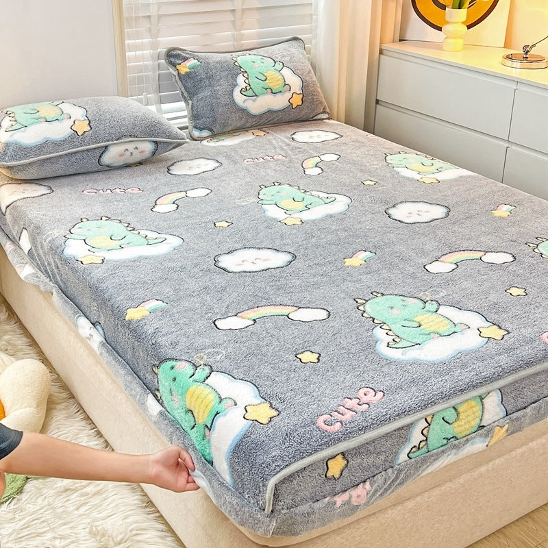 KTX-930963 Double-Sided Cartoon Snowflake Velvet Fitted Sheet with Cute Animal and Flower Patterns, Multiple Sizes Available