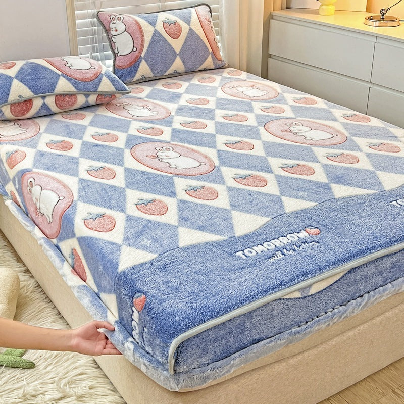 KTX-930963 Double-Sided Cartoon Snowflake Velvet Fitted Sheet with Cute Animal and Flower Patterns, Multiple Sizes Available