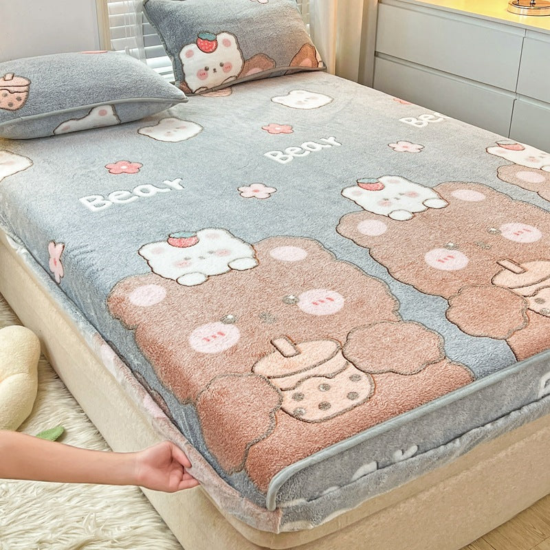 KTX-930963 Double-Sided Cartoon Snowflake Velvet Fitted Sheet with Cute Animal and Flower Patterns, Multiple Sizes Available