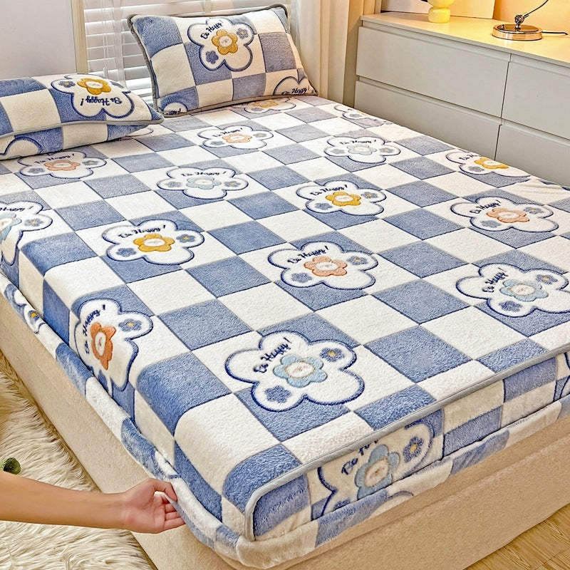 KTX-930963 Double-Sided Cartoon Snowflake Velvet Fitted Sheet with Cute Animal and Flower Patterns, Multiple Sizes Available