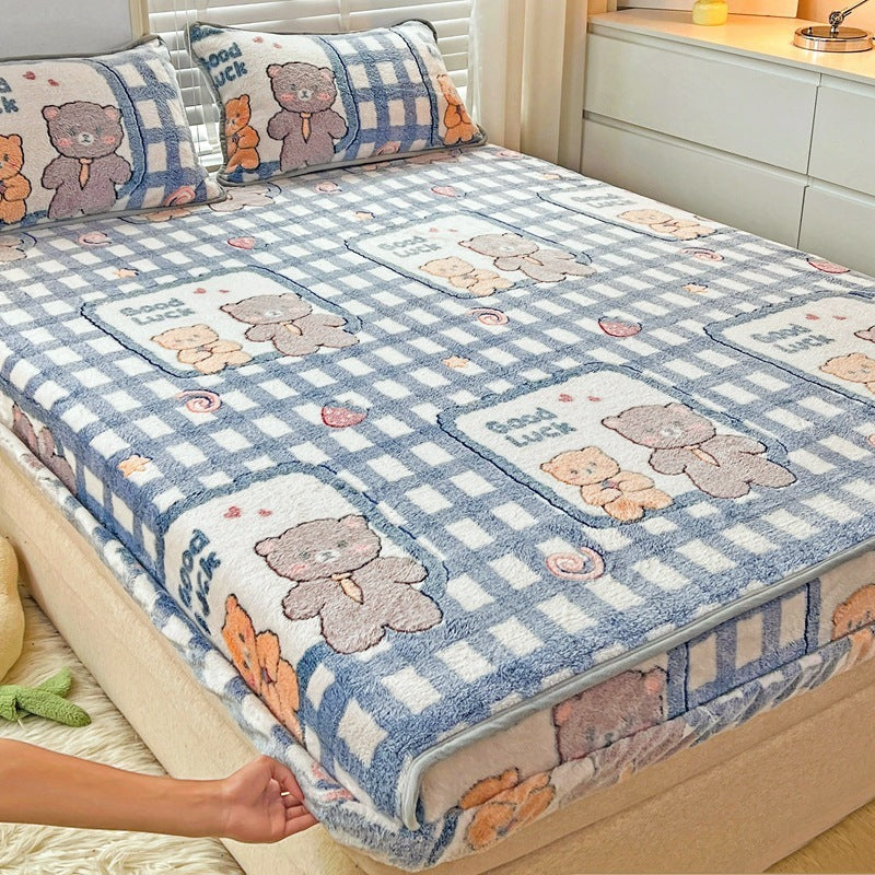 KTX-930963 Double-Sided Cartoon Snowflake Velvet Fitted Sheet with Cute Animal and Flower Patterns, Multiple Sizes Available