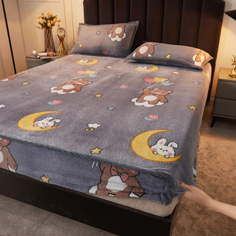 KTX-930963 Double-Sided Cartoon Snowflake Velvet Fitted Sheet with Cute Animal and Flower Patterns, Multiple Sizes Available
