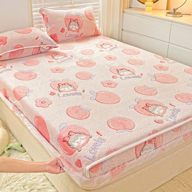 KTX-930963 Double-Sided Cartoon Snowflake Velvet Fitted Sheet with Cute Animal and Flower Patterns, Multiple Sizes Available