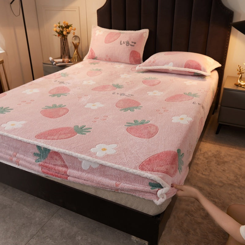 KTX-930963 Double-Sided Cartoon Snowflake Velvet Fitted Sheet with Cute Animal and Flower Patterns, Multiple Sizes Available