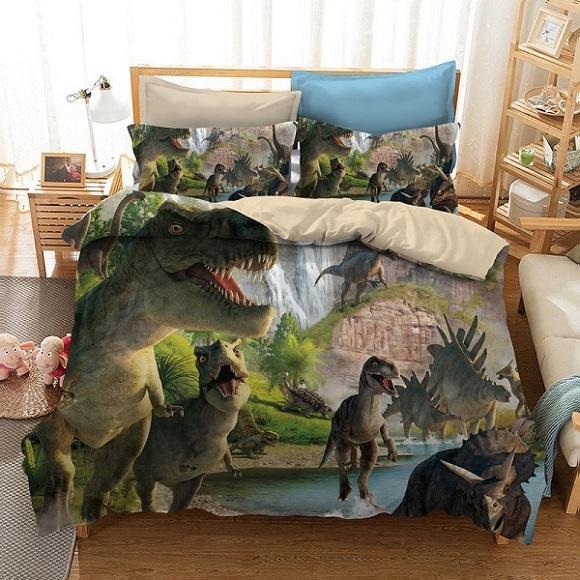 KTX-931795 Cartoon Dinosaur Themed Bedding Quilt Set with Duvet Cover and Pillowcases, Multiple Sizes Available