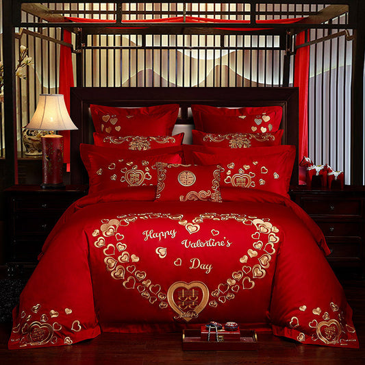 KTX-934739 Cotton Four Piece Bedding Set for Chinese Weddings with Floral Patterns in Multiple Color Options