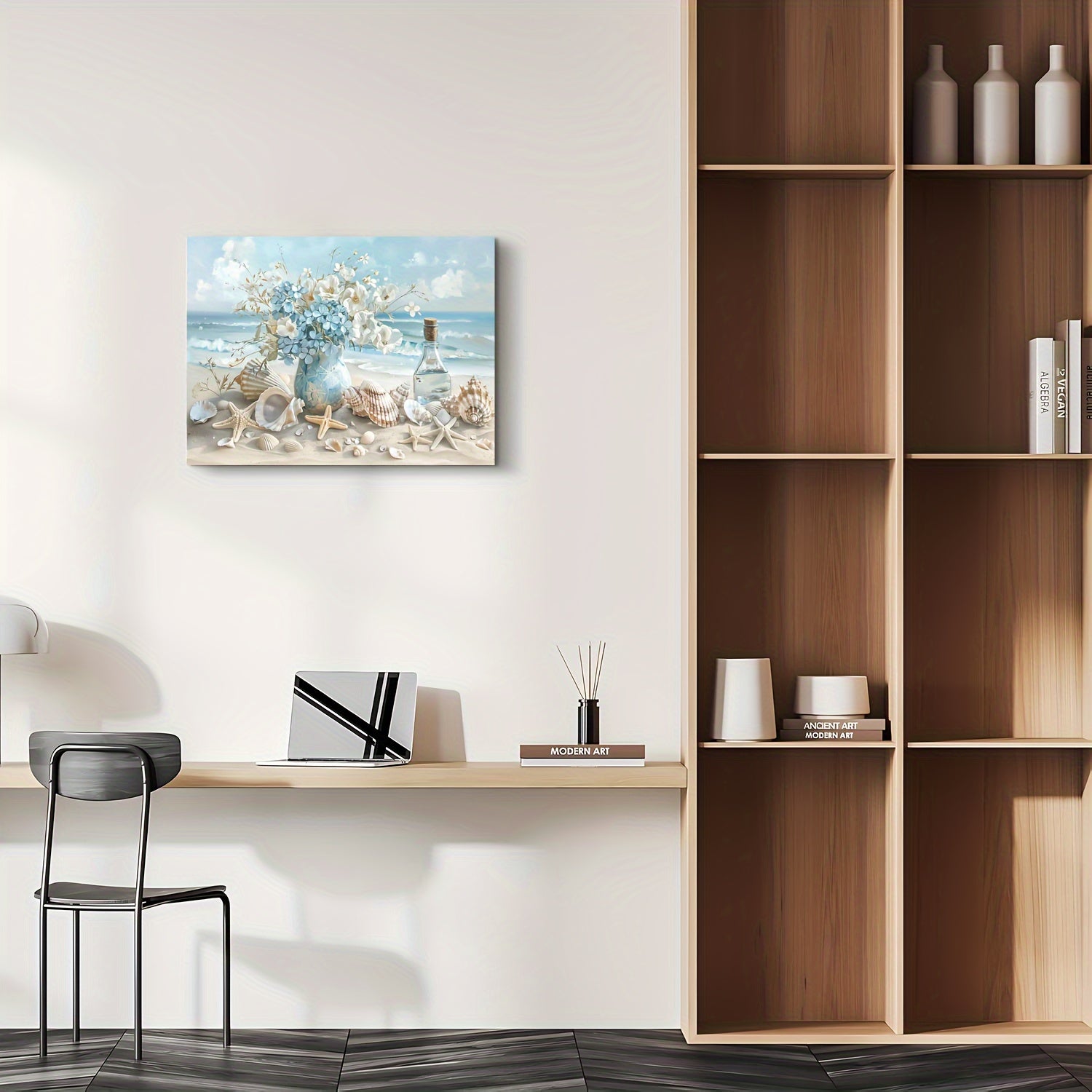 KTX-936659 Framed Blue Vase Floral Canvas Art with Wooden Frame for Home and Office Decor