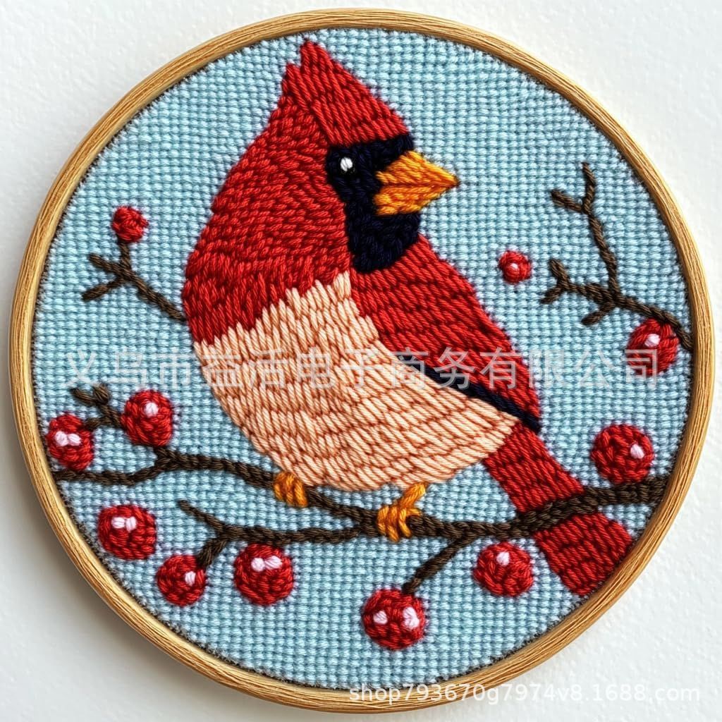 KTX-938707 Red Bird Embroidered Hand Embroidery on Cloth - Modern Simplicity Design (20x4)