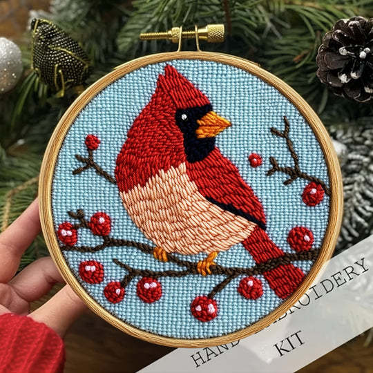 KTX-938707 Red Bird Embroidered Hand Embroidery on Cloth - Modern Simplicity Design (20x4)