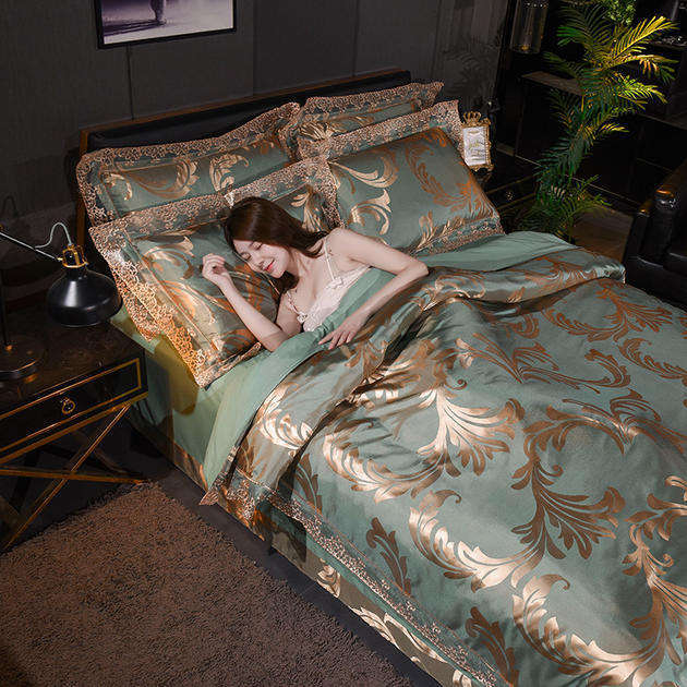 KTX-939027 Court Style Satin Jacquard Four-Piece Bed Sheet Set in British Fashion Green Camel