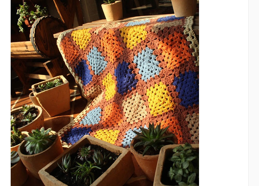 KTX-939795 Hand-Crocheted Geometric Wool Blanket Cushion Cover - Rustic Tapestry Design, 48cm Size