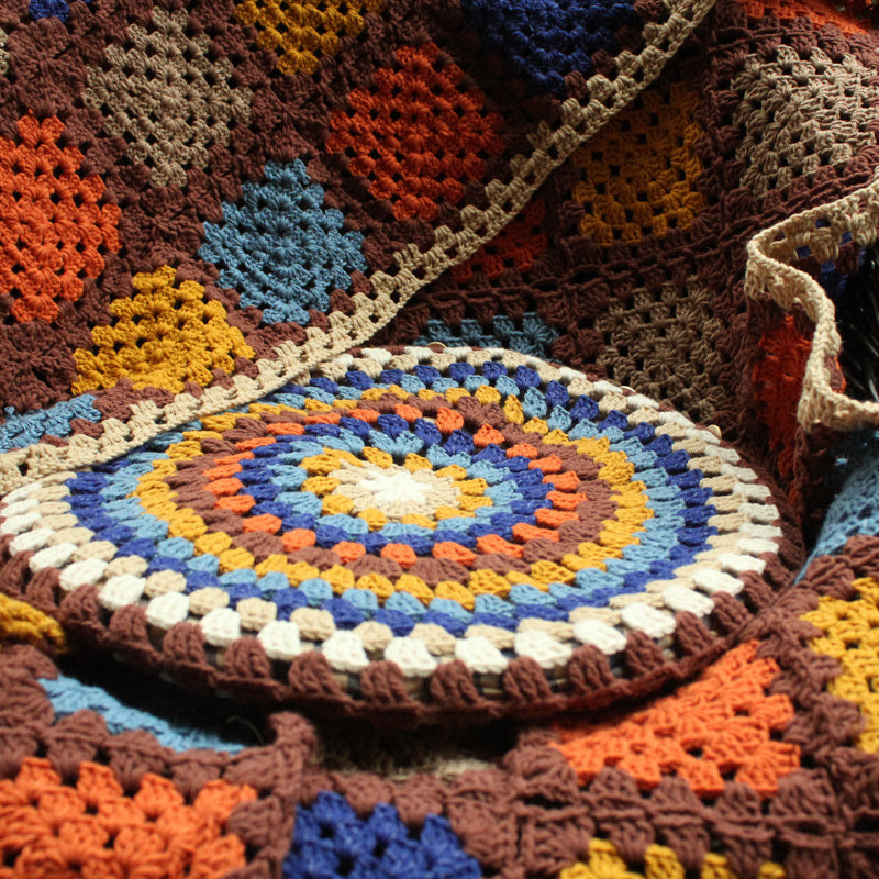 KTX-939795 Hand-Crocheted Geometric Wool Blanket Cushion Cover - Rustic Tapestry Design, 48cm Size
