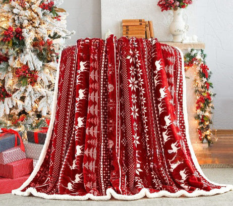 KTX-941011 Christmas Double Layer Thick Fleece Blanket – Stripe, Geometric, Snowflake, Floral Patterns, Multiple Sizes Available