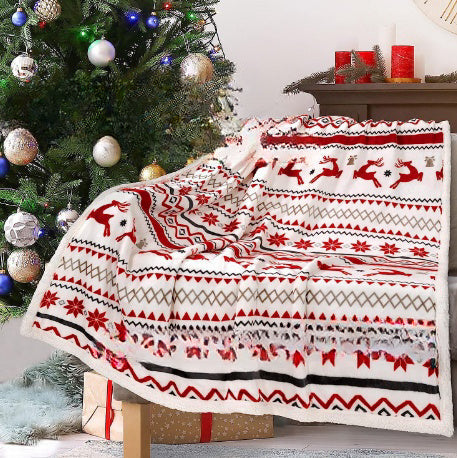 KTX-941011 Christmas Double Layer Thick Fleece Blanket – Stripe, Geometric, Snowflake, Floral Patterns, Multiple Sizes Available