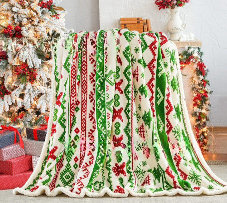 KTX-941011 Christmas Double Layer Thick Fleece Blanket – Stripe, Geometric, Snowflake, Floral Patterns, Multiple Sizes Available
