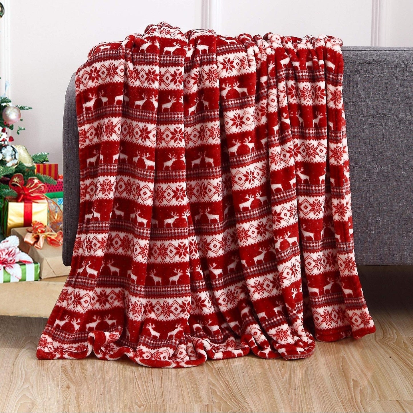 KTX-941011 Christmas Double Layer Thick Fleece Blanket – Stripe, Geometric, Snowflake, Floral Patterns, Multiple Sizes Available