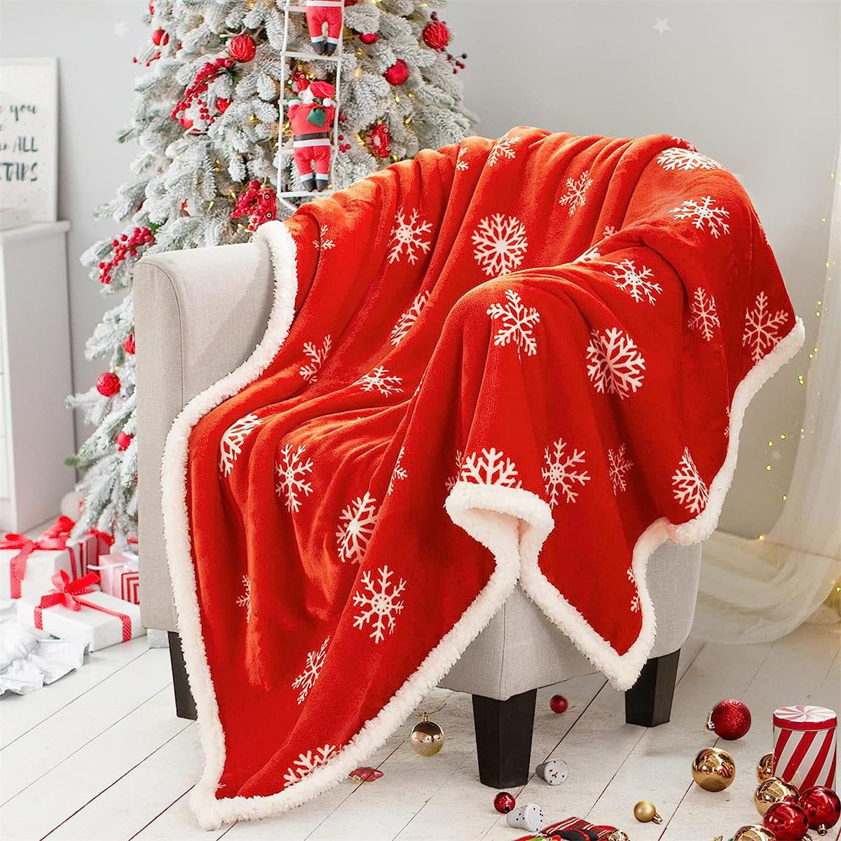 KTX-941011 Christmas Double Layer Thick Fleece Blanket – Stripe, Geometric, Snowflake, Floral Patterns, Multiple Sizes Available