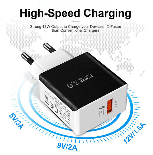 KTX-941075 18W Quick Charge 3.0 USB Wall Charger for iPhone, Samsung, Redmi, Huawei - Black/White