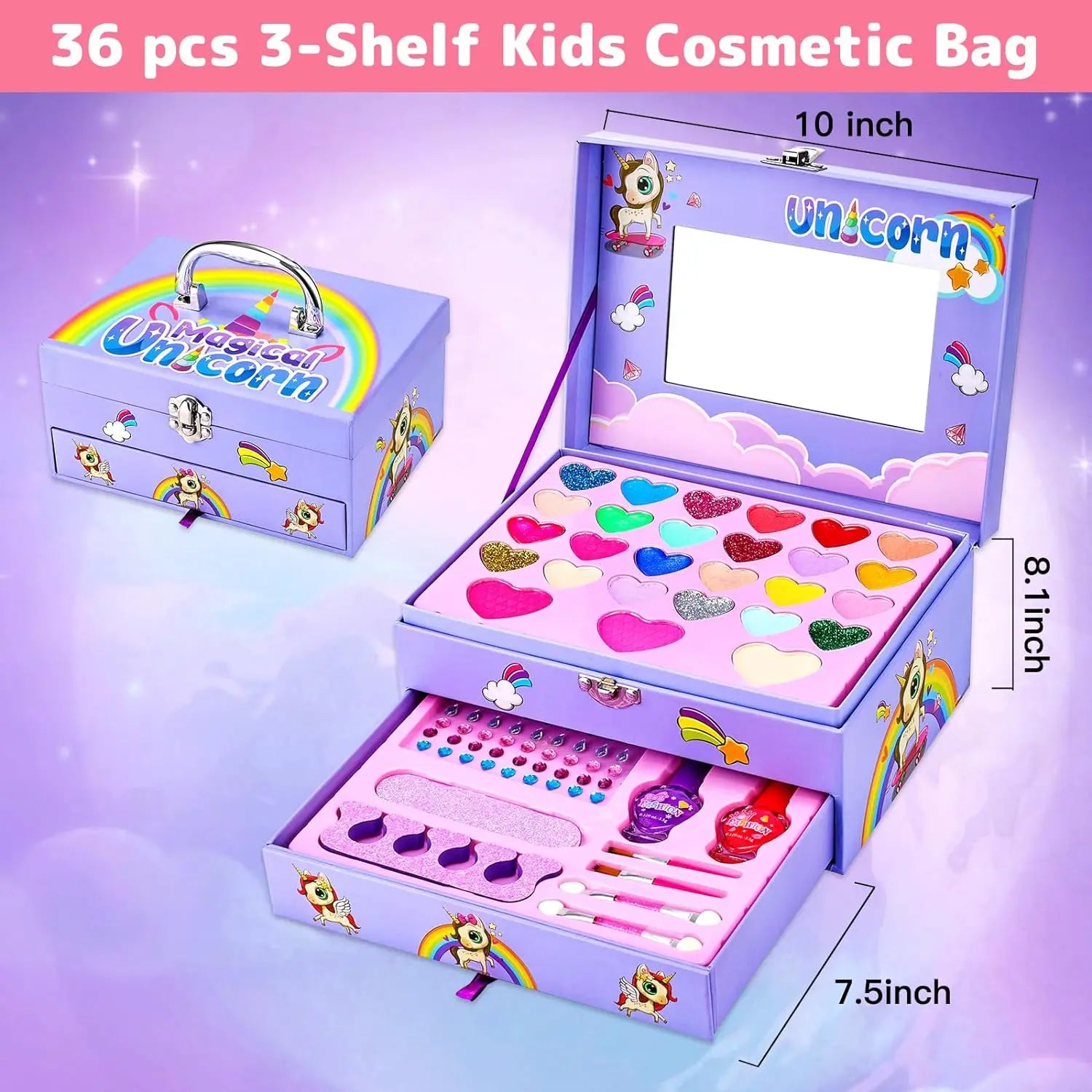KTX-941843 2 Layers Girls Makeup Kit with Cosmetic Tools, Nail Polish, and Eye Shadow in Purple Case