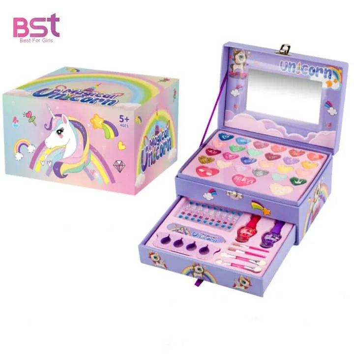 KTX-941843 2 Layers Girls Makeup Kit with Cosmetic Tools, Nail Polish, and Eye Shadow in Purple Case