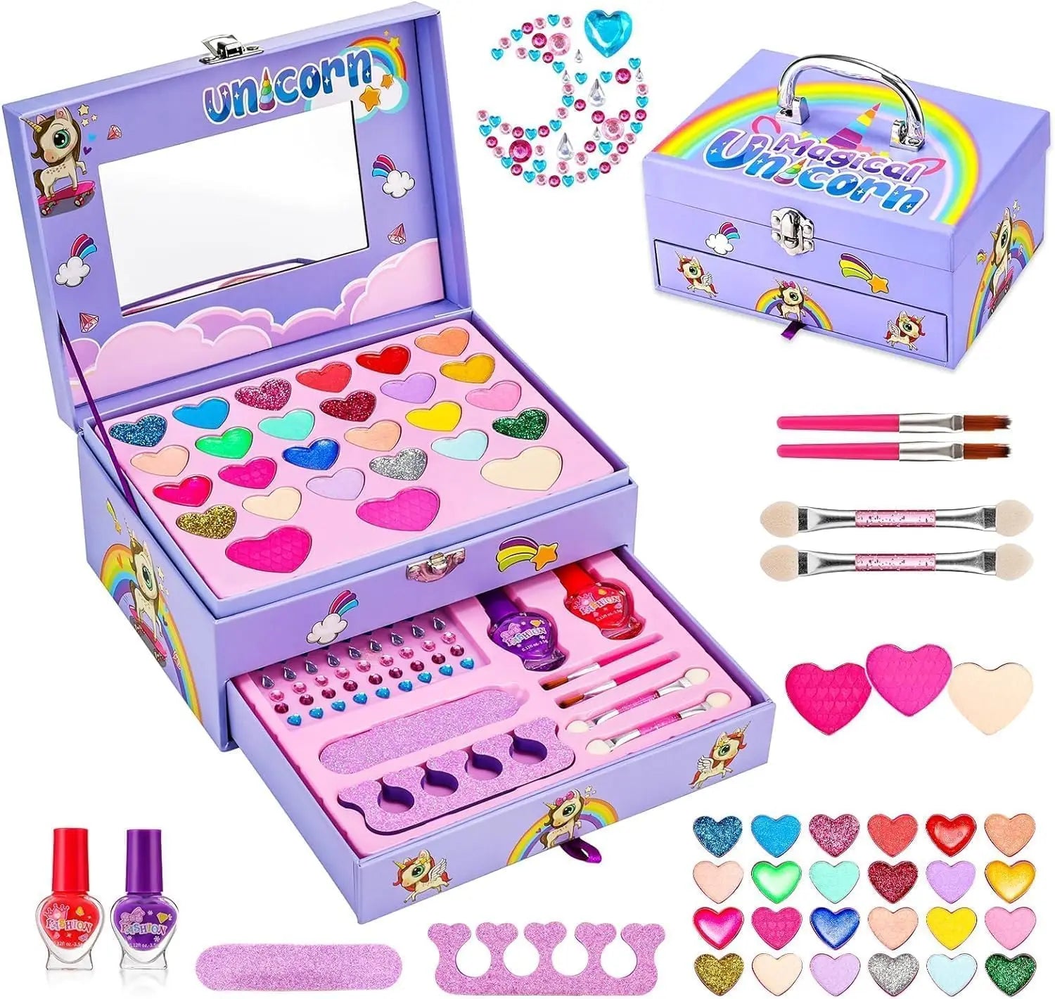 KTX-941843 2 Layers Girls Makeup Kit with Cosmetic Tools, Nail Polish, and Eye Shadow in Purple Case