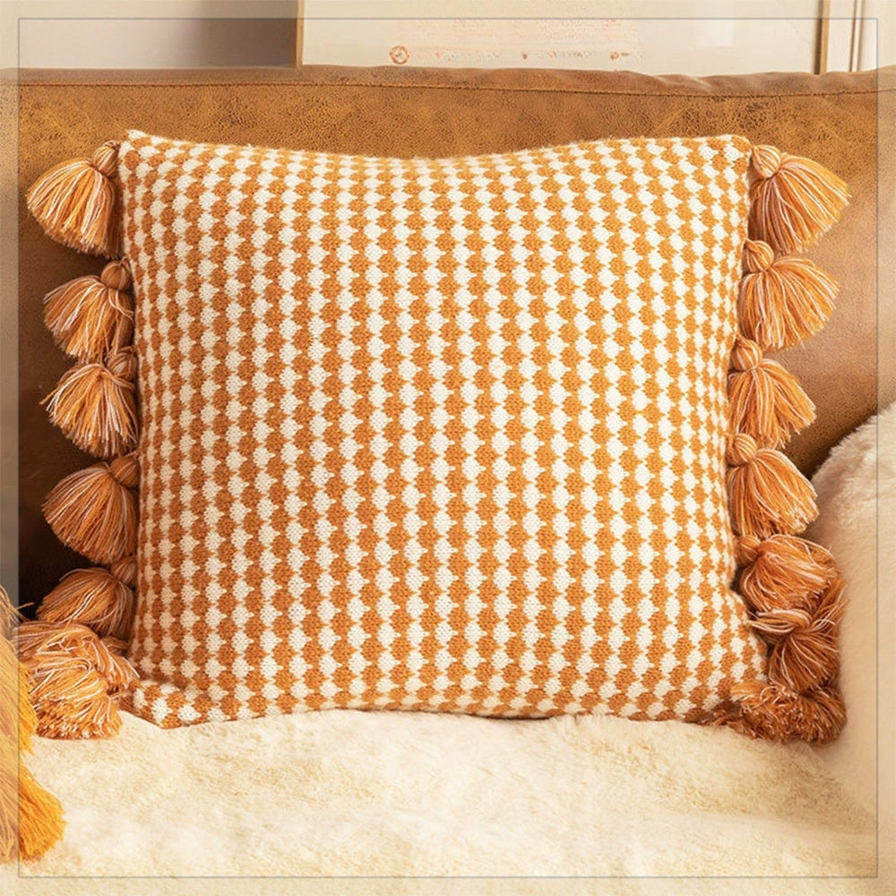 KTX-943123 Mint Green Textile Knitting Cushion Cover with Tassels - Modern Round Pillow for Living Room or Bedroom