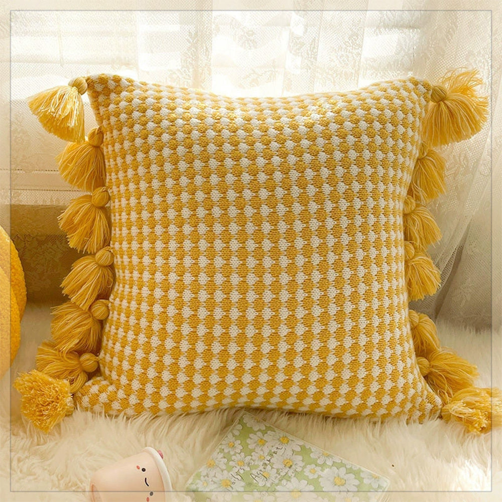 KTX-943123 Mint Green Textile Knitting Cushion Cover with Tassels - Modern Round Pillow for Living Room or Bedroom