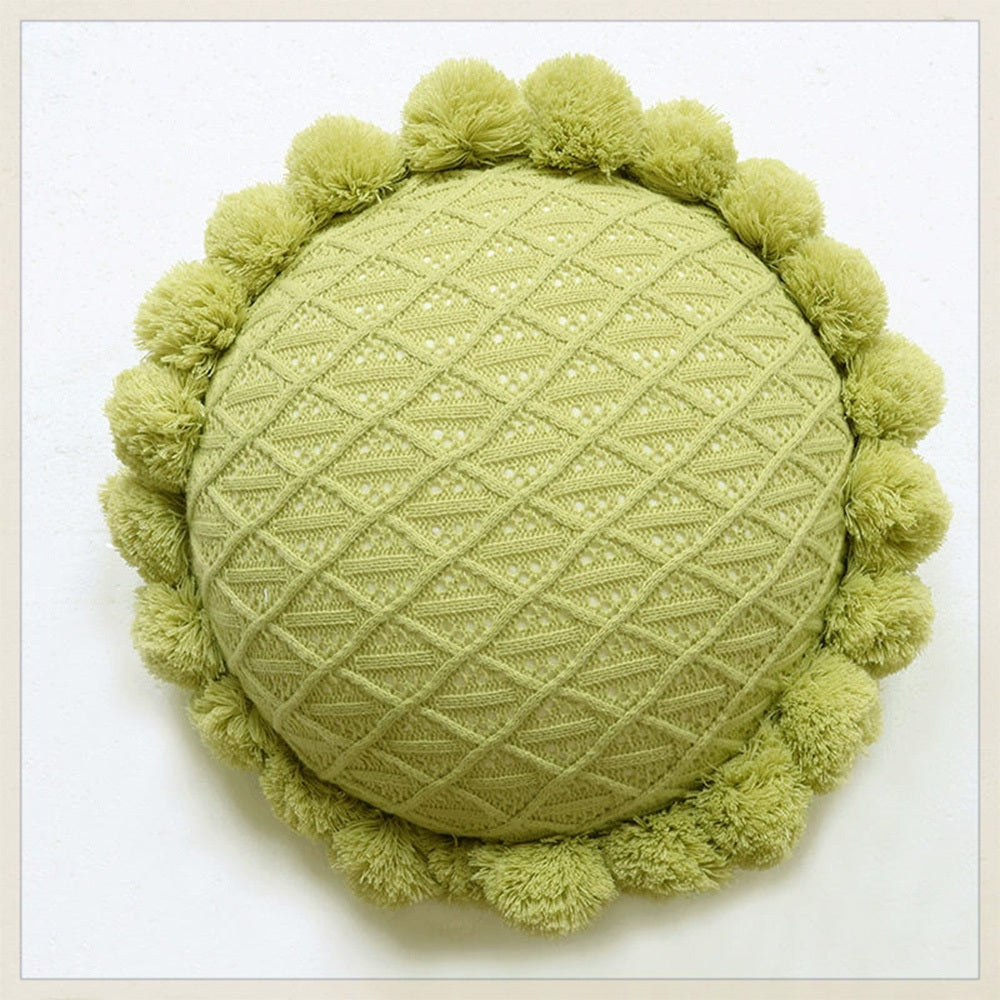 KTX-943123 Mint Green Textile Knitting Cushion Cover with Tassels - Modern Round Pillow for Living Room or Bedroom