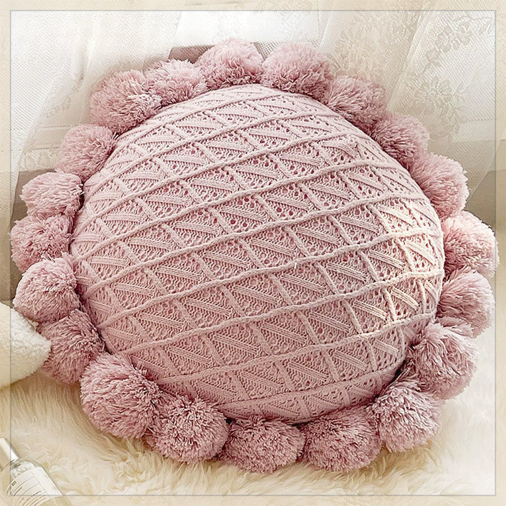 KTX-943123 Mint Green Textile Knitting Cushion Cover with Tassels - Modern Round Pillow for Living Room or Bedroom