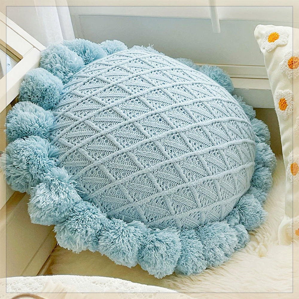 KTX-943123 Mint Green Textile Knitting Cushion Cover with Tassels - Modern Round Pillow for Living Room or Bedroom